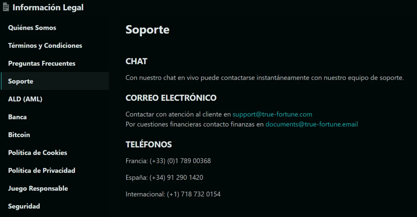 TrueFortune Casino Soporte al jugador